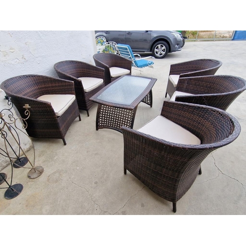 97 - Ratan Garden / Patio Set of 6 x Armchairs with Seat Cushions and Matching Glass Top Coffee Table, (7... 