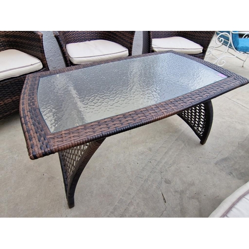 97 - Ratan Garden / Patio Set of 6 x Armchairs with Seat Cushions and Matching Glass Top Coffee Table, (7... 