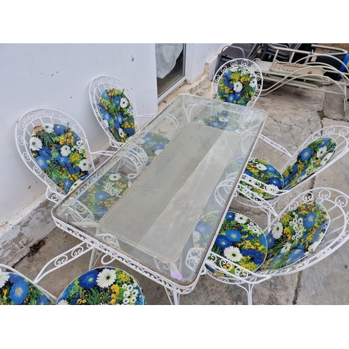 98 - Decorative White Finish Metal Garden / Patio Table with Glass Top (Approx. 160 x 80cm) and Set of 6 ... 