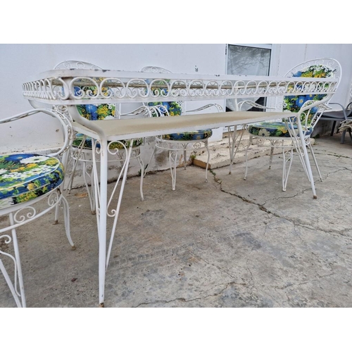 98 - Decorative White Finish Metal Garden / Patio Table with Glass Top (Approx. 160 x 80cm) and Set of 6 ... 