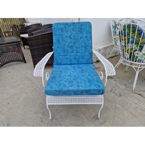 99 - Decorative White Metal Garden / Patio Armchair with Blue Seat Cushion