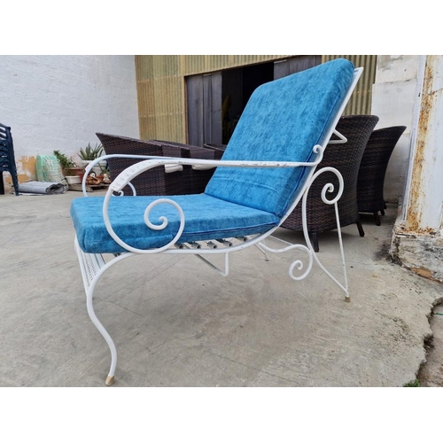 99 - Decorative White Metal Garden / Patio Armchair with Blue Seat Cushion