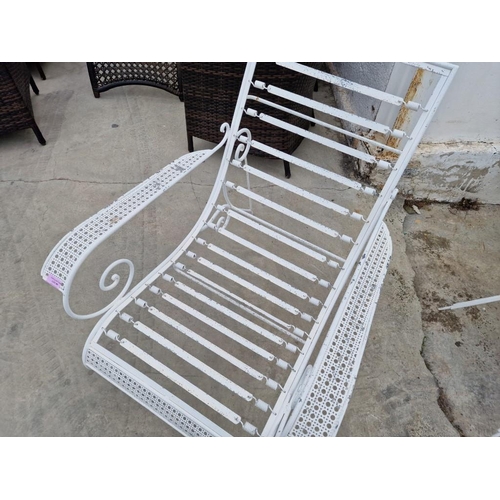 99 - Decorative White Metal Garden / Patio Armchair with Blue Seat Cushion