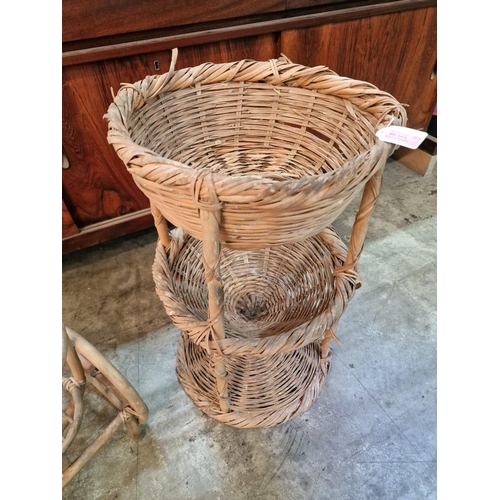 109 - 3-Tier Wicker Baskets and Bamboo Cart Style Plant Pot Holder, (2)