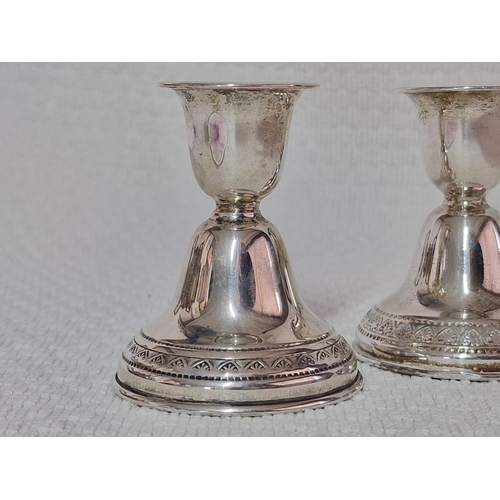 141 - Pair / 2 x Sterling Silver Candle Sticks / Holders with Decorative Rim Base, (Approx. H: 6.5cm, Tota... 