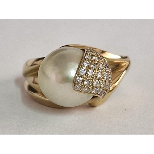 182 - Designer 18ct Gold, Pearl and Diamond Ring; Circa Ø: 11mm Pearl Partly Encrusted with Over 30 x Roun... 