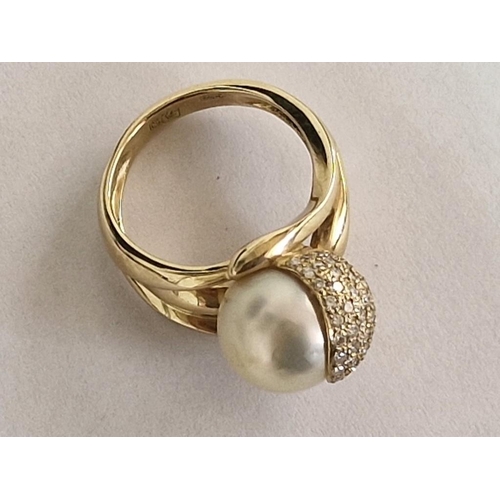 182 - Designer 18ct Gold, Pearl and Diamond Ring; Circa Ø: 11mm Pearl Partly Encrusted with Over 30 x Roun... 