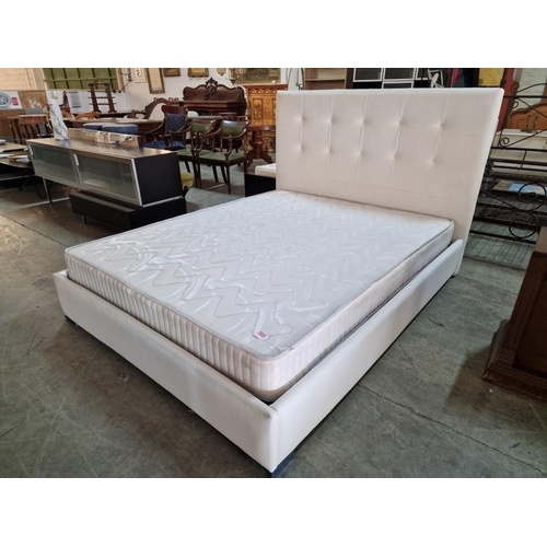 352 - Double Bed with White Leather Padded Surround and Button Back Headboard, with Mattress (Approx. 150 ... 