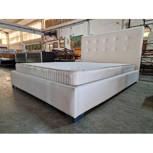 352 - Double Bed with White Leather Padded Surround and Button Back Headboard, with Mattress (Approx. 150 ... 