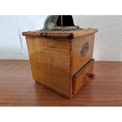 95 - Antique Hand Wound Coffee Grinder, Believed to be German, with Wooden Base and Collection Drawer