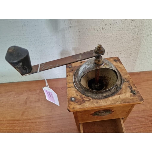 95 - Antique Hand Wound Coffee Grinder, Believed to be German, with Wooden Base and Collection Drawer