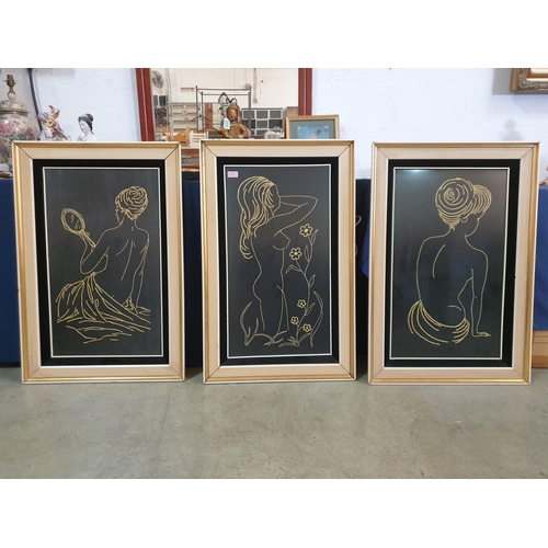 321 - Erotic Art Black and Gold Embroidery in Retro Frames (2 x 58 x 88cm and 1  x 56.5 x 89.5cm)