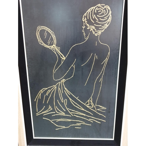 321 - Erotic Art Black and Gold Embroidery in Retro Frames (2 x 58 x 88cm and 1  x 56.5 x 89.5cm)