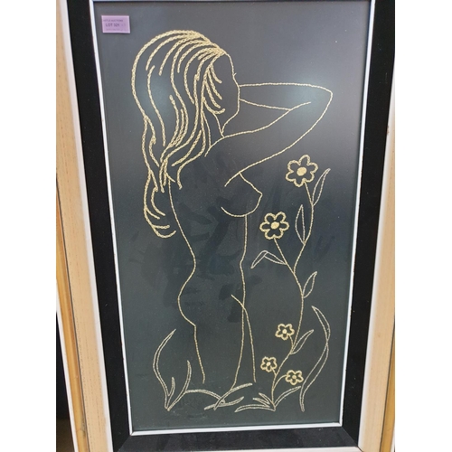 321 - Erotic Art Black and Gold Embroidery in Retro Frames (2 x 58 x 88cm and 1  x 56.5 x 89.5cm)