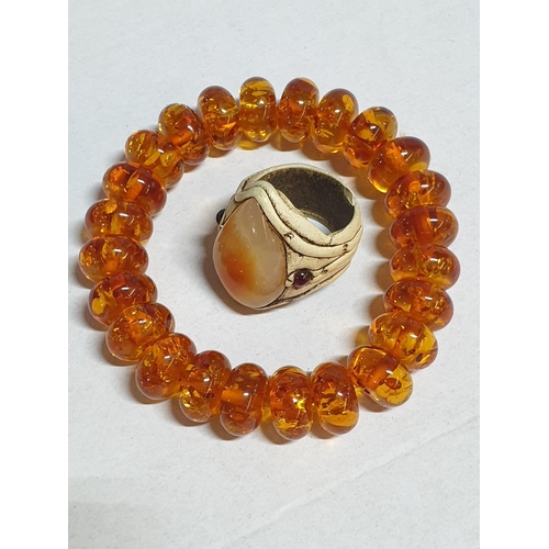 340 - Amber Tone Bracelet and Natural Stone Ring (Size U)