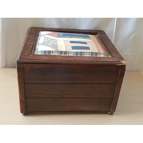 358 - Hand Craft Vintage Square Wooden Sewing Box with Patchwork Top (A/F), (36 x 36 x 24cm)