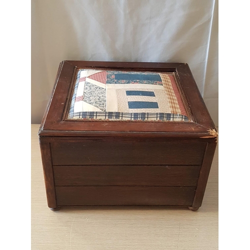 358 - Hand Craft Vintage Square Wooden Sewing Box with Patchwork Top (A/F), (36 x 36 x 24cm)