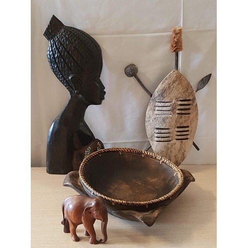 360 - African Craft Collection Large Wooden Bowl (H:31cm) Wooden Elephant Figurine (13 x 14cm) African Wom... 