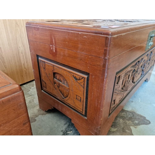 241 - Vintage Camphor Wood Chest / Oriental Carved Wood Trunk with Decorative Carved Top, Front and Side P... 