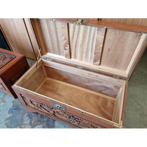 241 - Vintage Camphor Wood Chest / Oriental Carved Wood Trunk with Decorative Carved Top, Front and Side P... 