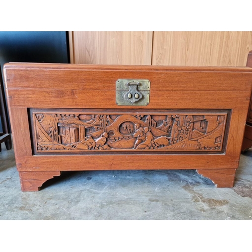 242 - Vintage Camphor Wood Chest / Oriental Carved Wood Trunk with Decorative Carved Top, Front and Side P... 