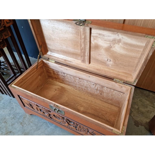 242 - Vintage Camphor Wood Chest / Oriental Carved Wood Trunk with Decorative Carved Top, Front and Side P... 