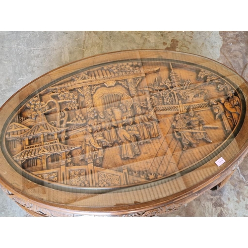 244 - Large Solid Wood Oval Shape Oriental Coffee Table with Deep Ornate Carved Top with Chinese Scenes, U... 