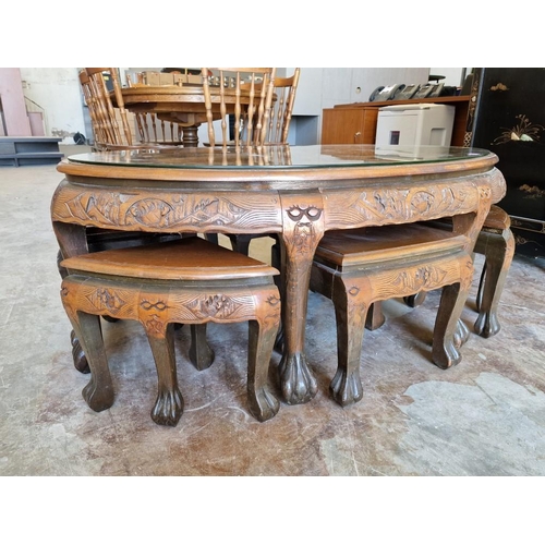 244 - Large Solid Wood Oval Shape Oriental Coffee Table with Deep Ornate Carved Top with Chinese Scenes, U... 