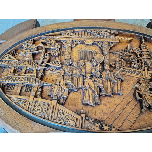 244 - Large Solid Wood Oval Shape Oriental Coffee Table with Deep Ornate Carved Top with Chinese Scenes, U... 