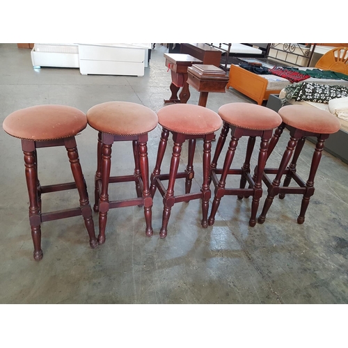 380 - 5 x Retro Bar Stools Wooden Dark Brown Legs and Pink Velvet Seats Finished with Studs (A/F)