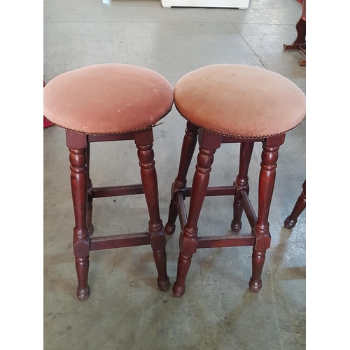 380 - 5 x Retro Bar Stools Wooden Dark Brown Legs and Pink Velvet Seats Finished with Studs (A/F)