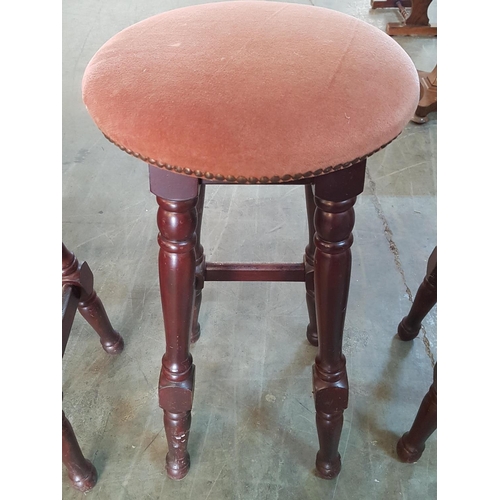 380 - 5 x Retro Bar Stools Wooden Dark Brown Legs and Pink Velvet Seats Finished with Studs (A/F)