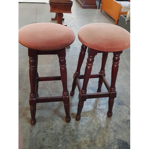 380 - 5 x Retro Bar Stools Wooden Dark Brown Legs and Pink Velvet Seats Finished with Studs (A/F)