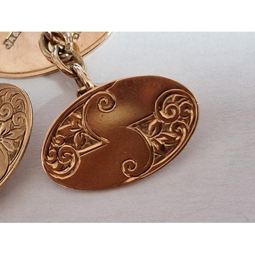 181A - Pair of Vintage 9ct Gold Cufflinks with Hand Engraved Decoration, Oval Shaped (Approx. 20 x 12mm Ove... 