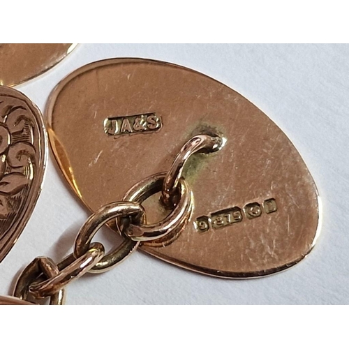 181A - Pair of Vintage 9ct Gold Cufflinks with Hand Engraved Decoration, Oval Shaped (Approx. 20 x 12mm Ove... 