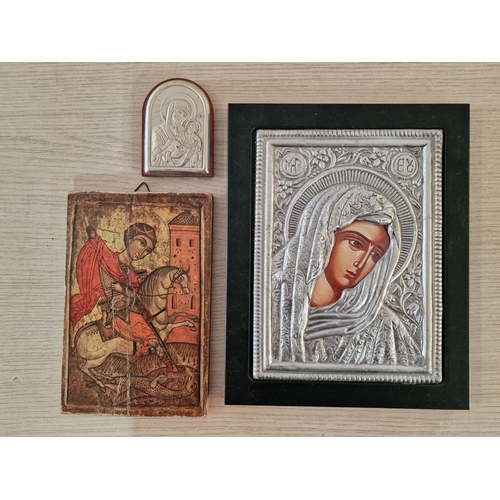 377 - 3 x Icons; 1 x Copy of Old Byzantine Icon with White Metal, 1 x Small Icon of Holy Mother and Child ... 