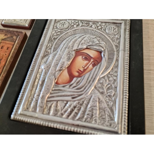 377 - 3 x Icons; 1 x Copy of Old Byzantine Icon with White Metal, 1 x Small Icon of Holy Mother and Child ... 