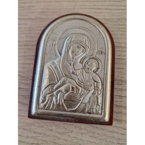 377 - 3 x Icons; 1 x Copy of Old Byzantine Icon with White Metal, 1 x Small Icon of Holy Mother and Child ... 