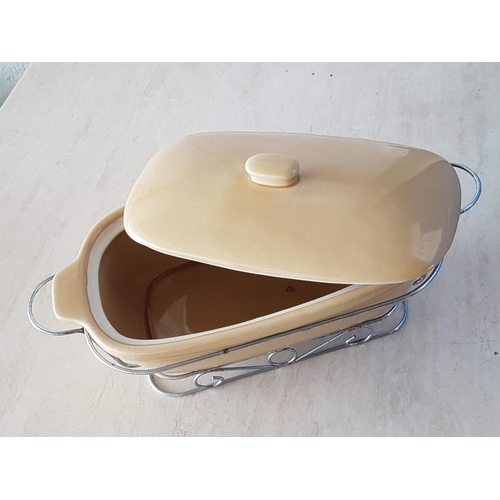 327 - Ceramic Dish with Lid in Metal Holder / Warmer (Dish; 29 x 18 x 10cm)