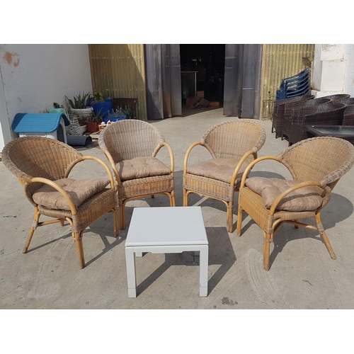 412 - Set of 4 x Wicker Garden / Patio Armchairs with Cushions and Grey Finished Small Square Table (50 x ... 