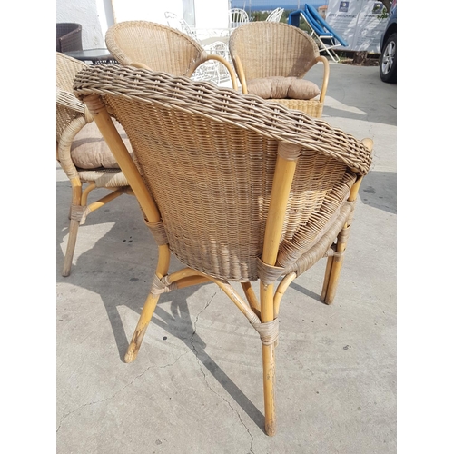 412 - Set of 4 x Wicker Garden / Patio Armchairs with Cushions and Grey Finished Small Square Table (50 x ... 