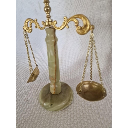 36 - Onyx and Brass Effect Ornamental Scales and Two Arm Candle Holder, (a/f)