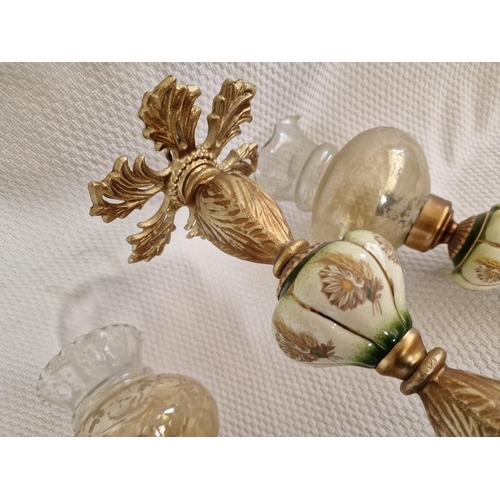 50 - Vintage Brass and Porcelain 4-Arm Ceiling Light with Assorted Decorative Glass Shades, (Untested)