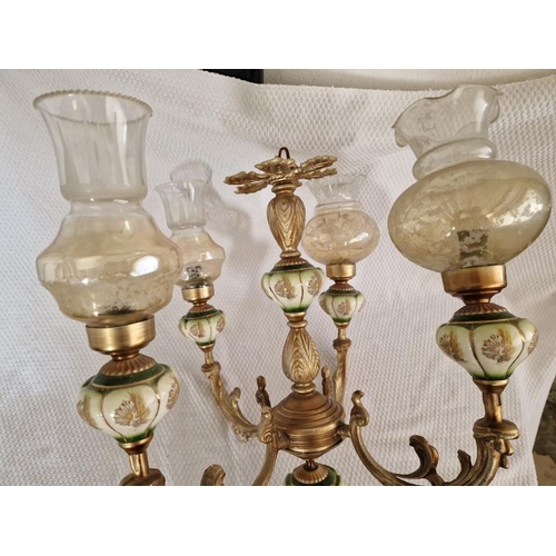 50 - Vintage Brass and Porcelain 4-Arm Ceiling Light with Assorted Decorative Glass Shades, (Untested)