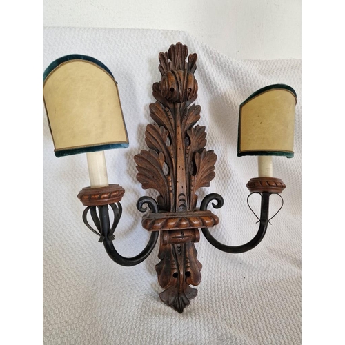 61 - Vintage Carved Wood Wall Light with 2-Arms and 'Clip-on' Bulb Shades