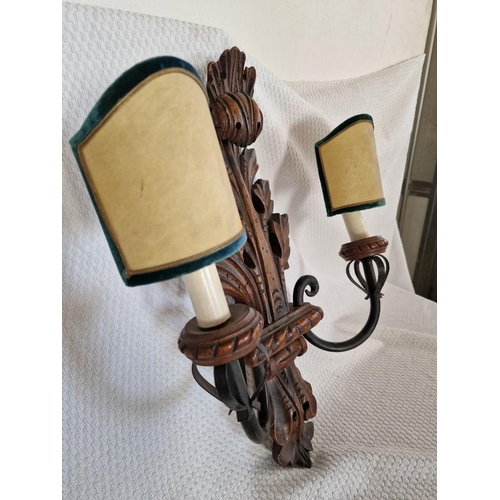 61 - Vintage Carved Wood Wall Light with 2-Arms and 'Clip-on' Bulb Shades