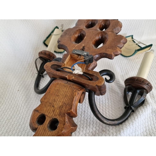 61 - Vintage Carved Wood Wall Light with 2-Arms and 'Clip-on' Bulb Shades