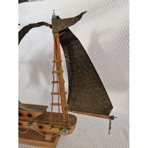 63 - Vintage Wooden Model of a Boat with Metal Sails, (Approx. H: 35cm)