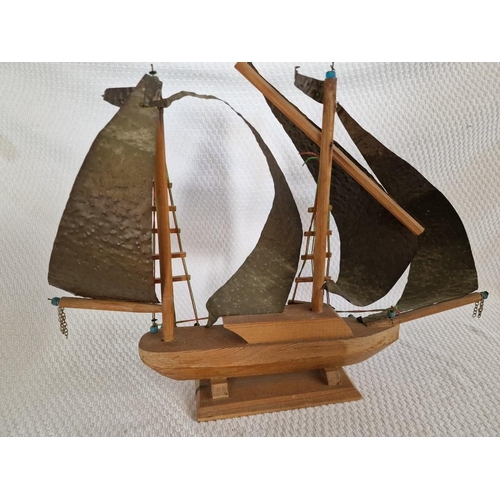 63 - Vintage Wooden Model of a Boat with Metal Sails, (Approx. H: 35cm)