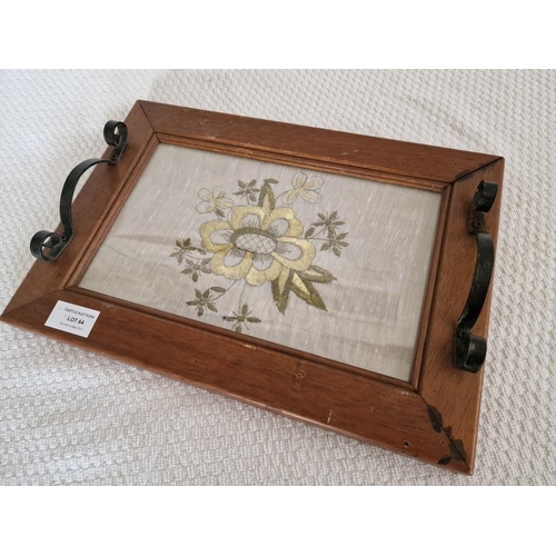 64 - Wooden Framed Embroidery of Flowers with Twin Metal Carrying Handles, (Approx. 35 x 25cm)